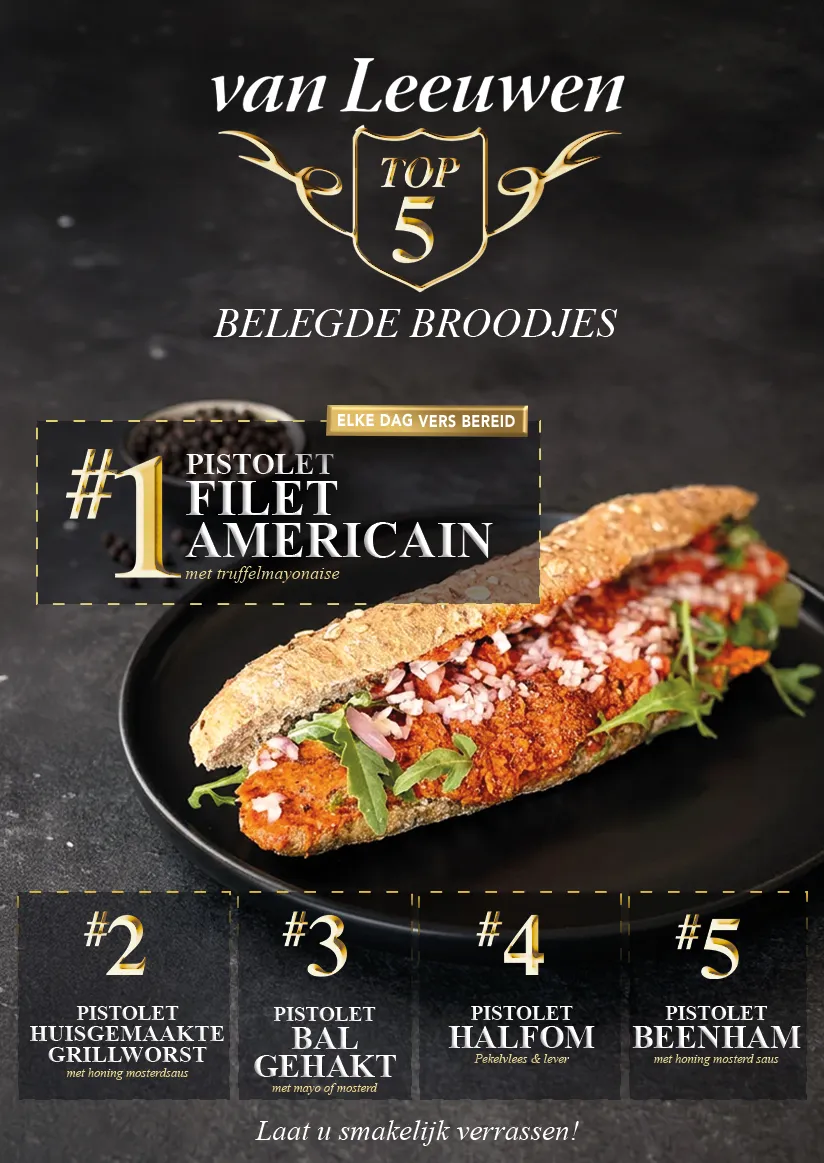 Poster van de Van Leeuwen top 5 belegde broodjes, met op 1 de pistolet filet americain