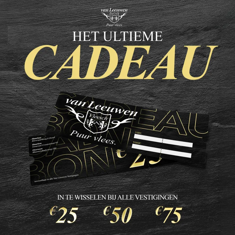 De Van Leeuwen cadeaubon: het ultieme cadeau, in te wisselen bij alle vestigingen, € 25, € 50 of € 75